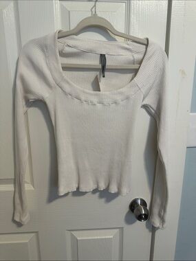 Anthropologie Ribbed Scoop-Neck Long Sleeve Top - Cream